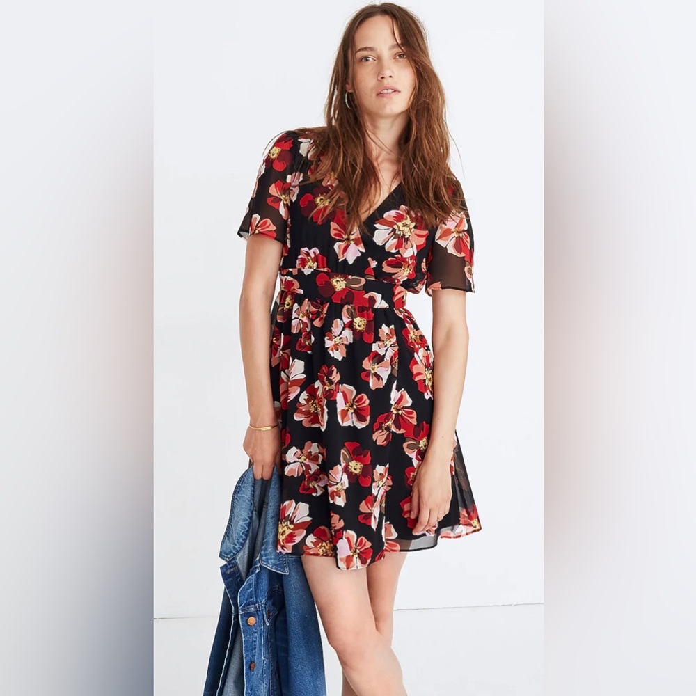 Madewell Tulip sleeve, red floral mini dress